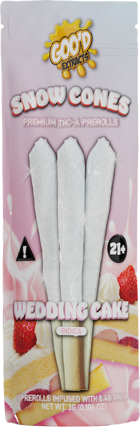 Good EXTRACTS THC-A Prerolls Snow Cones. 3-pack pouch. Wedding Cake. 5-Piece Box.