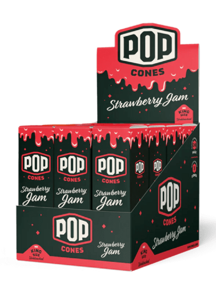 Pop Cones - King Size Terpene Cones - Strawberry Jam. 3-Cone Pack. 24-Piece Box