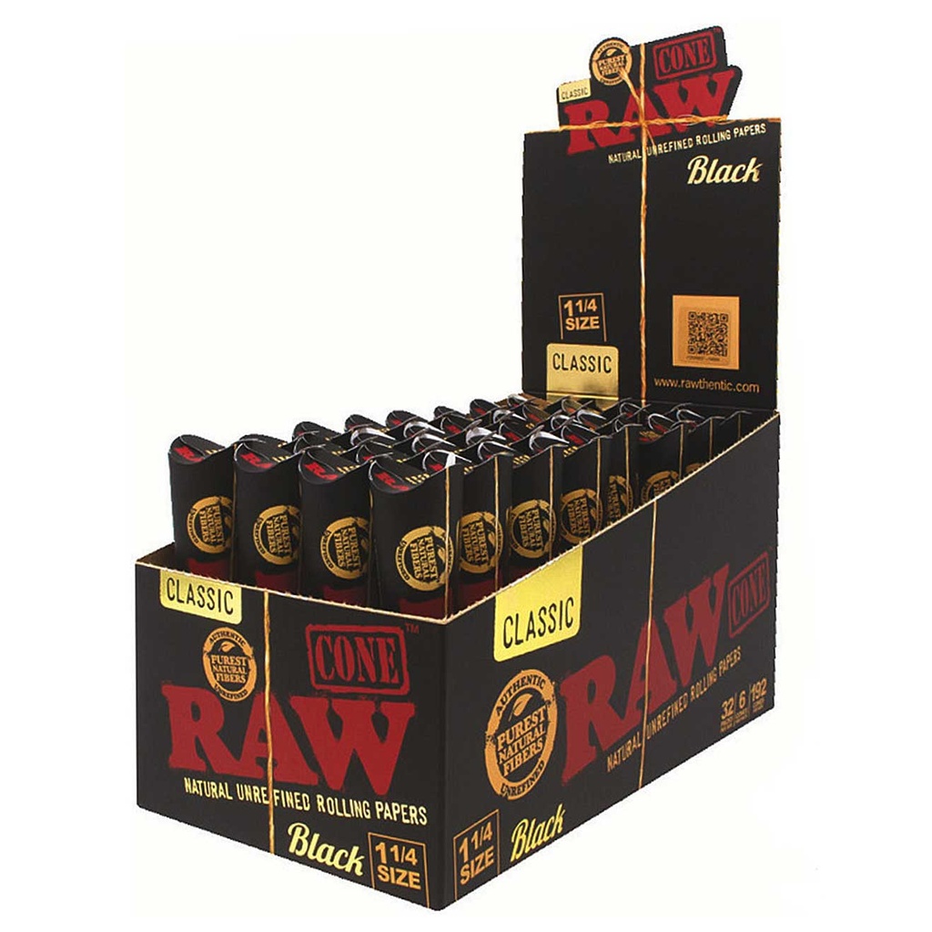 RAW Black 11/4 Size Pre Rolled Cones. 6 Pack