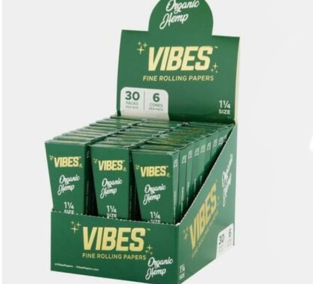 VIBES ORGANIC HEMP CONES 1 1/4 SIZE 30PACKS PER BOX 6 CONES PER PACK