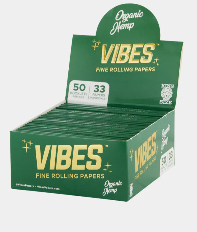 VIBES ORGANIC HEMP FINE ROLLING PAPERS KING SIZE 50 BOOKLETS PER BOX 33 PAPERS PER BOOKLET