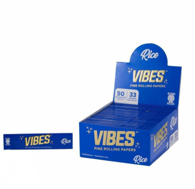 VIBES RICE FINE ROLLING PAPERS KING SIZE 50 BOOKLETS PER BOX 33 PAPERS PER BOOKLET