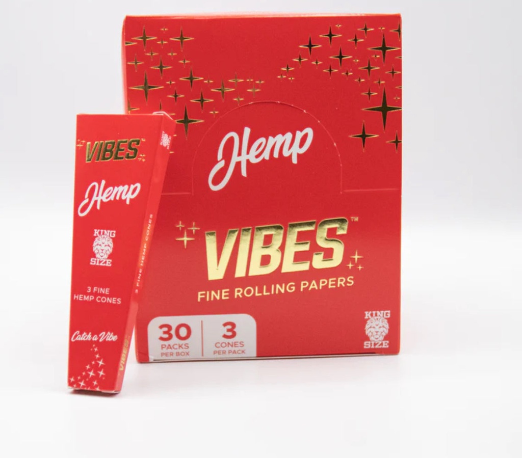 Vibes Hemp Cones King Size - 30 Packs Per Box, 3 Cones Per Pack