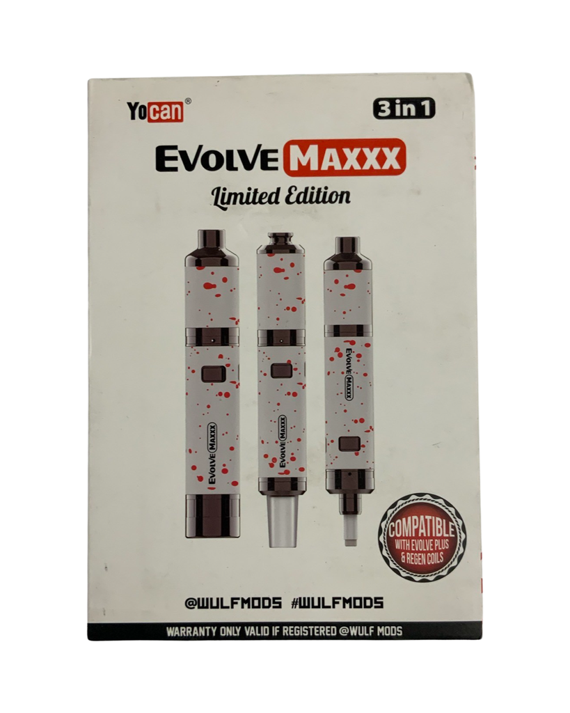 WULF MODS YOCAN EVOLVE MAXXX 3 in 1 VAPORIZER. Compatible with Evolve Plus & Regen Coils. White-Red Spatter